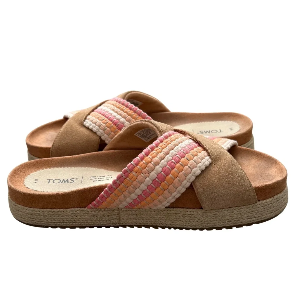 TOMS Women's Espadrille Platform Sandals Woven Slides Straps Tan Pink Coral W8‎